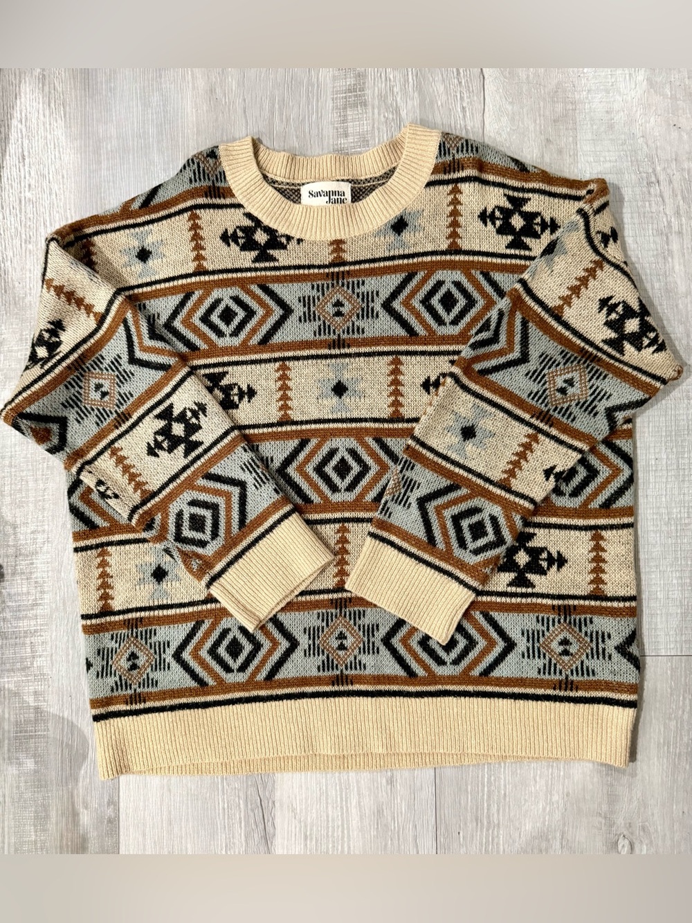 Savanna Jane Womens Plus 2X Beige Geometric Boho Southwestern Knit Crew Pullover